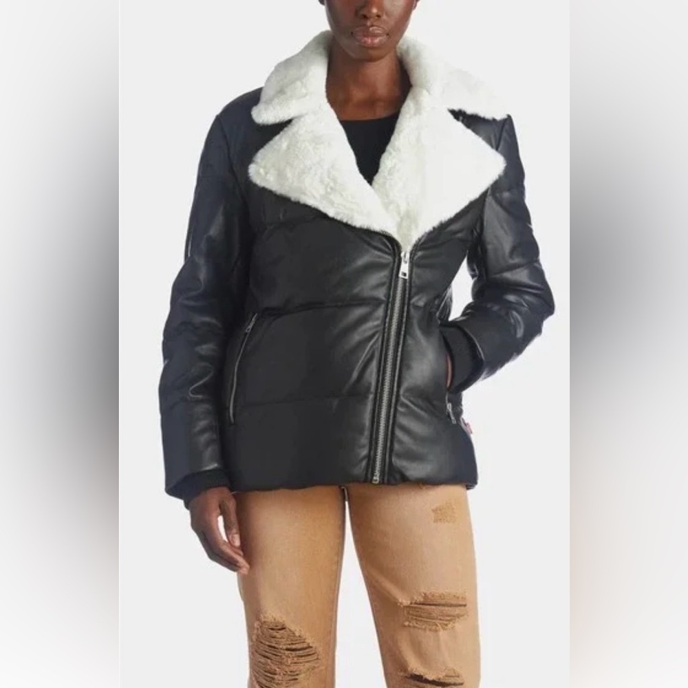 Black leather puffer Jacket with White Faux Fur Collar